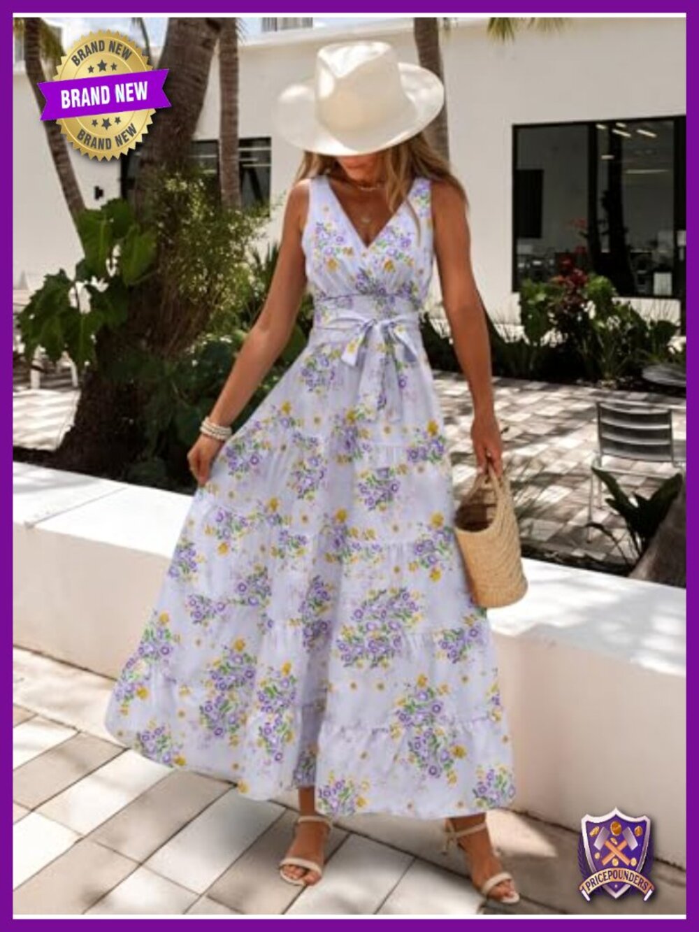 Sleeveless Boho Floral Maxi Dress Wrap Vneck Smocked Tie Flowy Ruffle Tiered - Picture 3 of 6